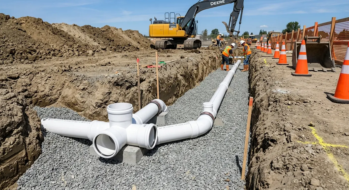 New PVC sewer pipe installation in open trench for Commercial Drain Cleaning in Dove Valley